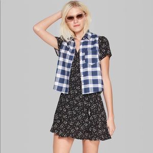 Blue Plaid Sleeveless Flannel Button-Down Shirt